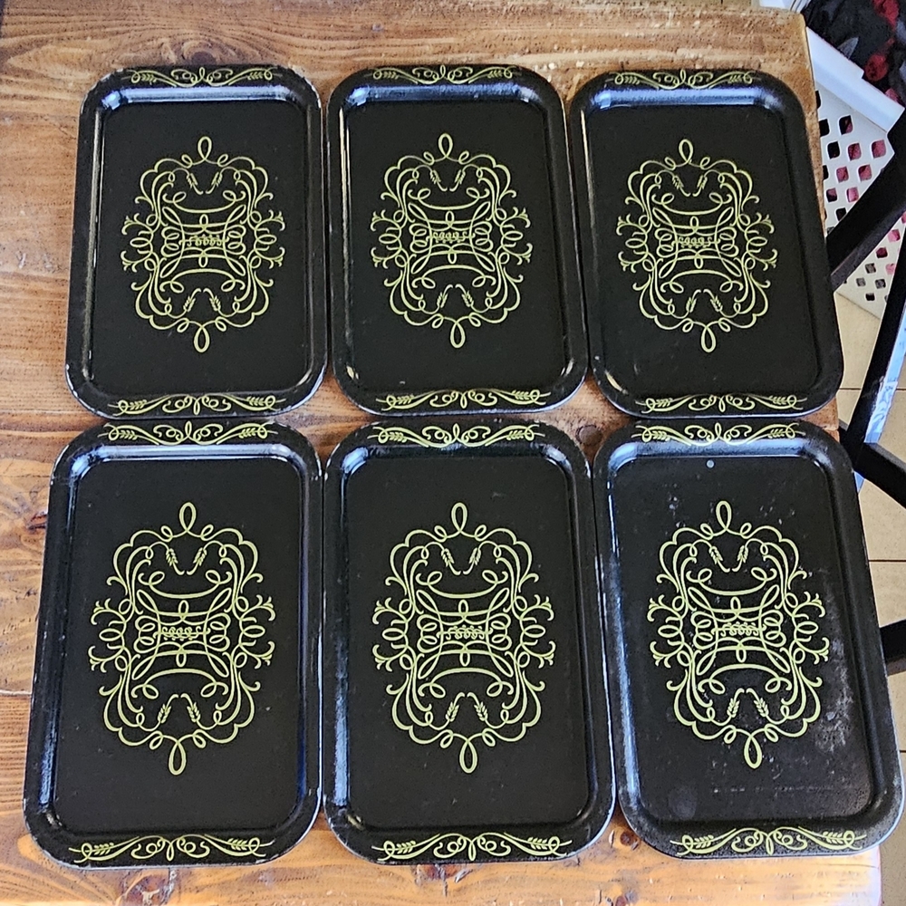 Set of Six Black and Gold Decorative Trays